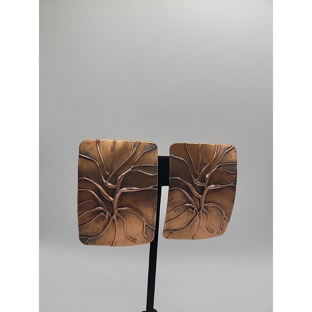 Vintage Copper Tone Embossed Floral Clip On Earrings‎ Rectangular